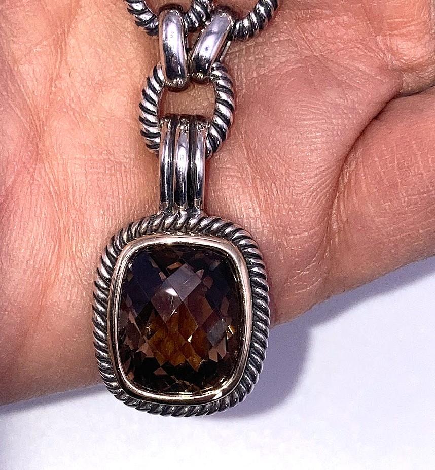 Image for ESTATE- Michele Albala Sterling Silver Checkerboard Smoky Quartz Pendant Cable SS Chain
