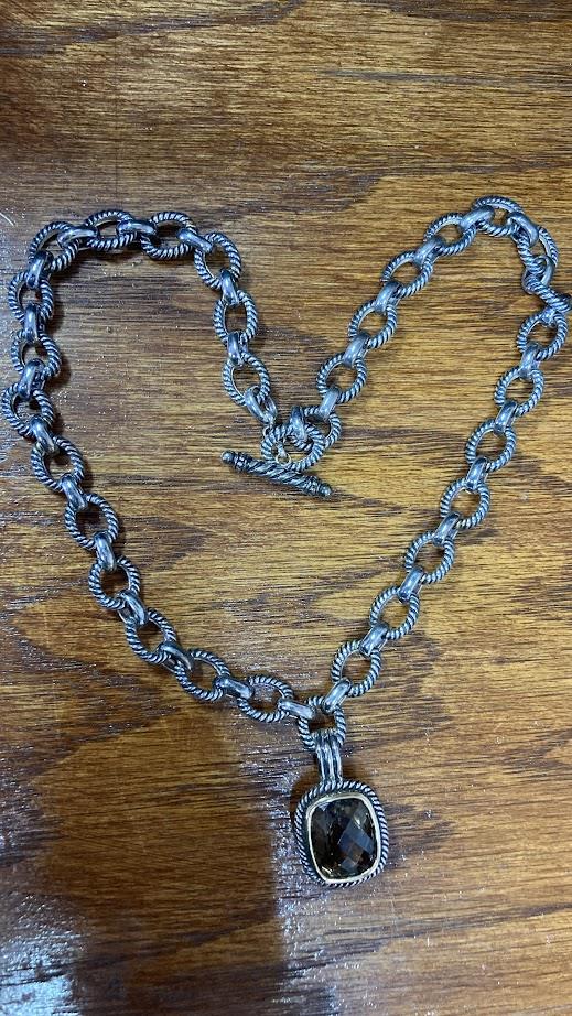 Image for ESTATE- Michele Albala Sterling Silver Checkerboard Smoky Quartz Pendant Cable SS Chain