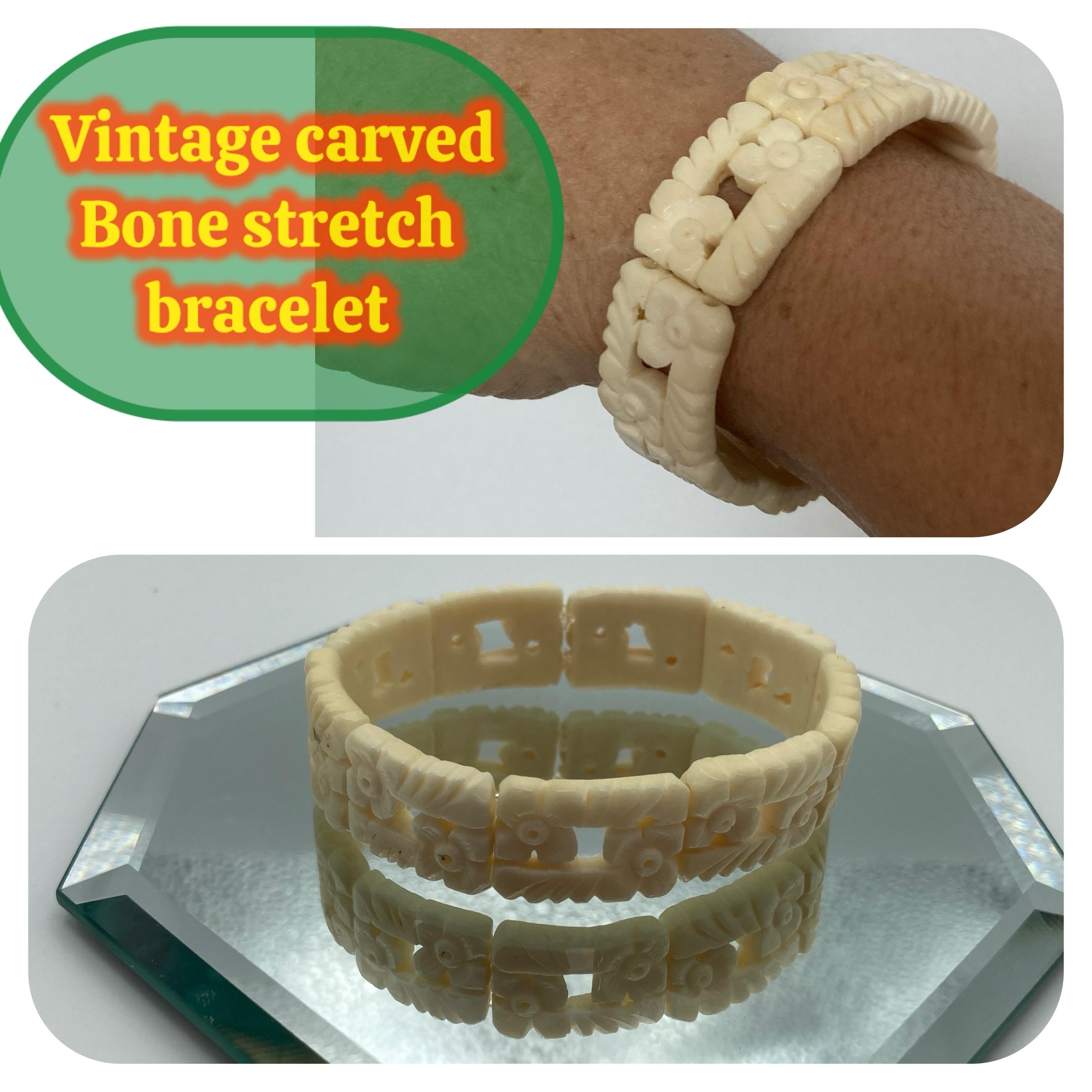 Image for Estate Carved Bone panel stretch bracelet 7 inch