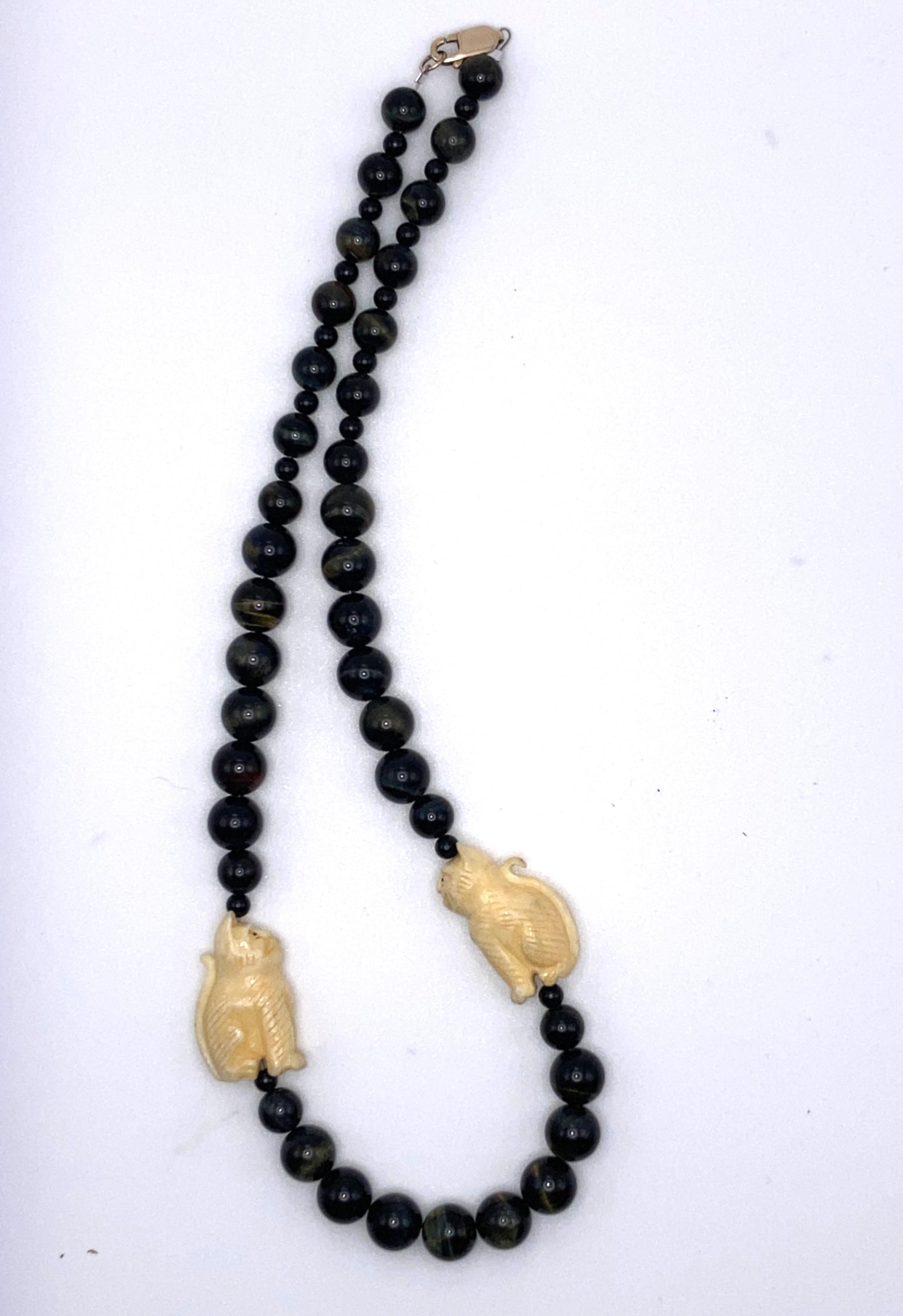 Image for Tiger Eye & carved Cat beads necklace ** VIDEO **