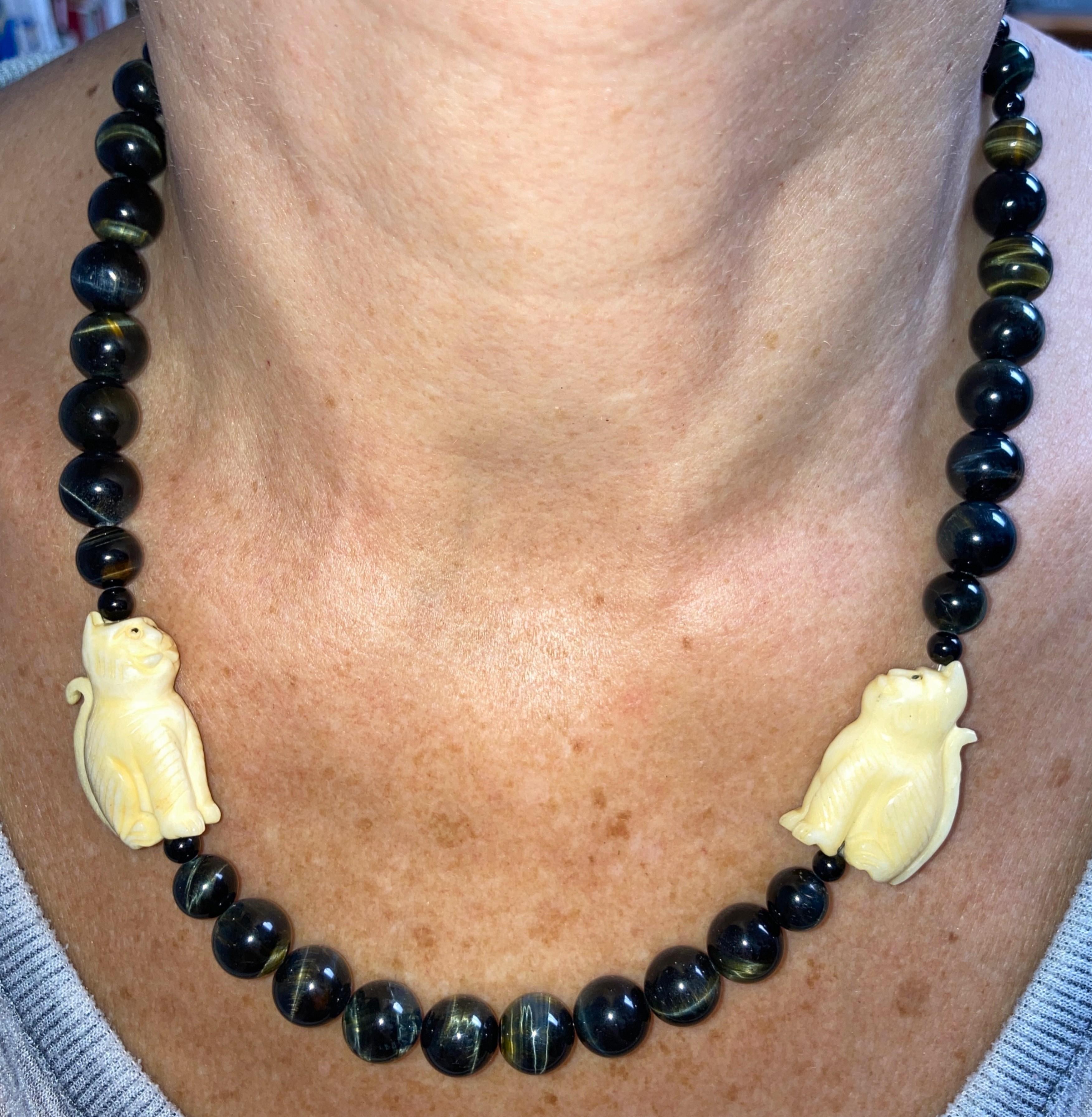 Image for Tiger Eye & carved Cat beads necklace ** VIDEO **
